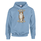 Meowl print on a light blue pullover hoodie, front view