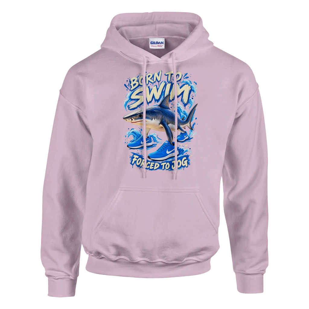 Tralalero Tralala print on a light pink pullover hoodie, front view