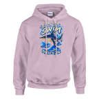 Tralalero Tralala print on a light pink pullover hoodie, front view