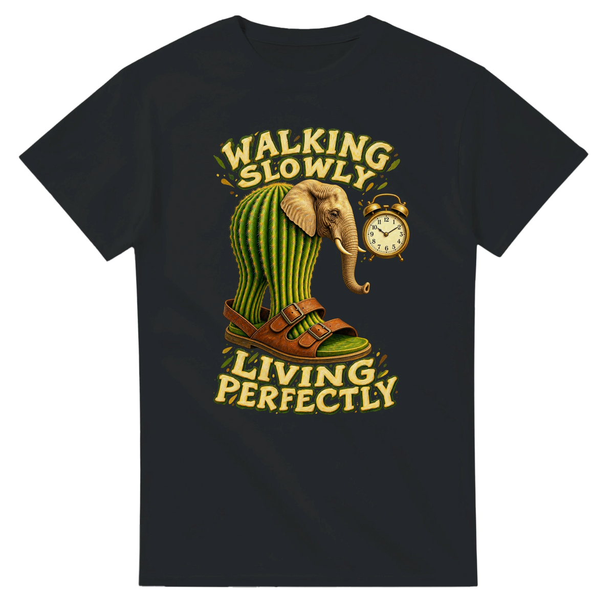 Black t-shirt printed with Lirili Larila and the words Walking slowly, living perfectly, front view