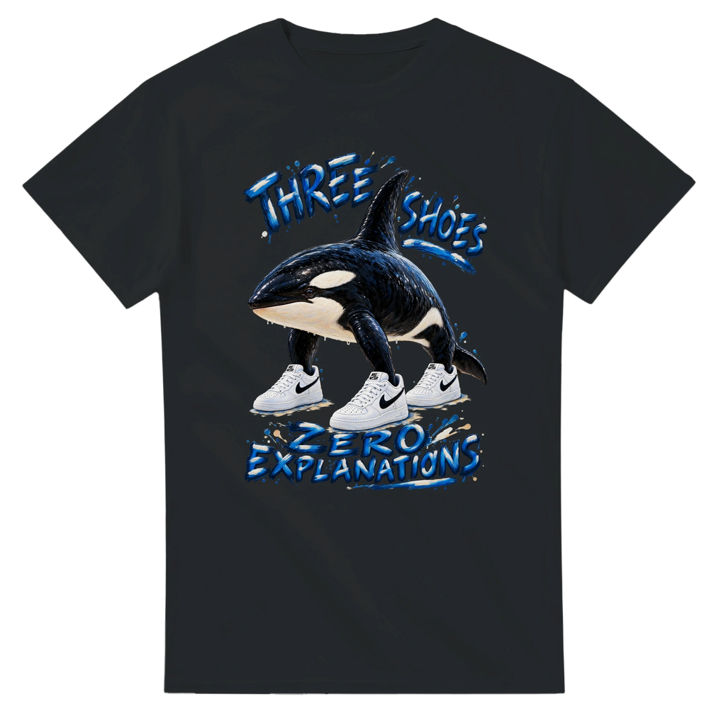 Black t-shirt printed with Orcalero Orcala and the words Three shoes, zero explanations, front view