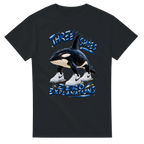 Black t-shirt printed with Orcalero Orcala and the words Three shoes, zero explanations, front view