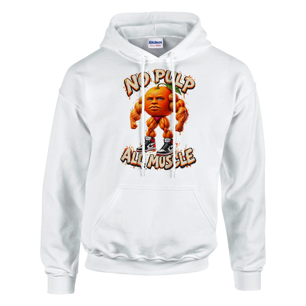 Odin Din Din Dun print on a white pullover hoodie, front view