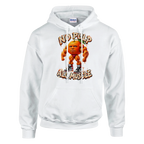 Odin Din Din Dun print on a white pullover hoodie, front view