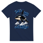 Navy t-shirt printed with Orcalero Orcala and the words Three shoes, zero explanations, front view