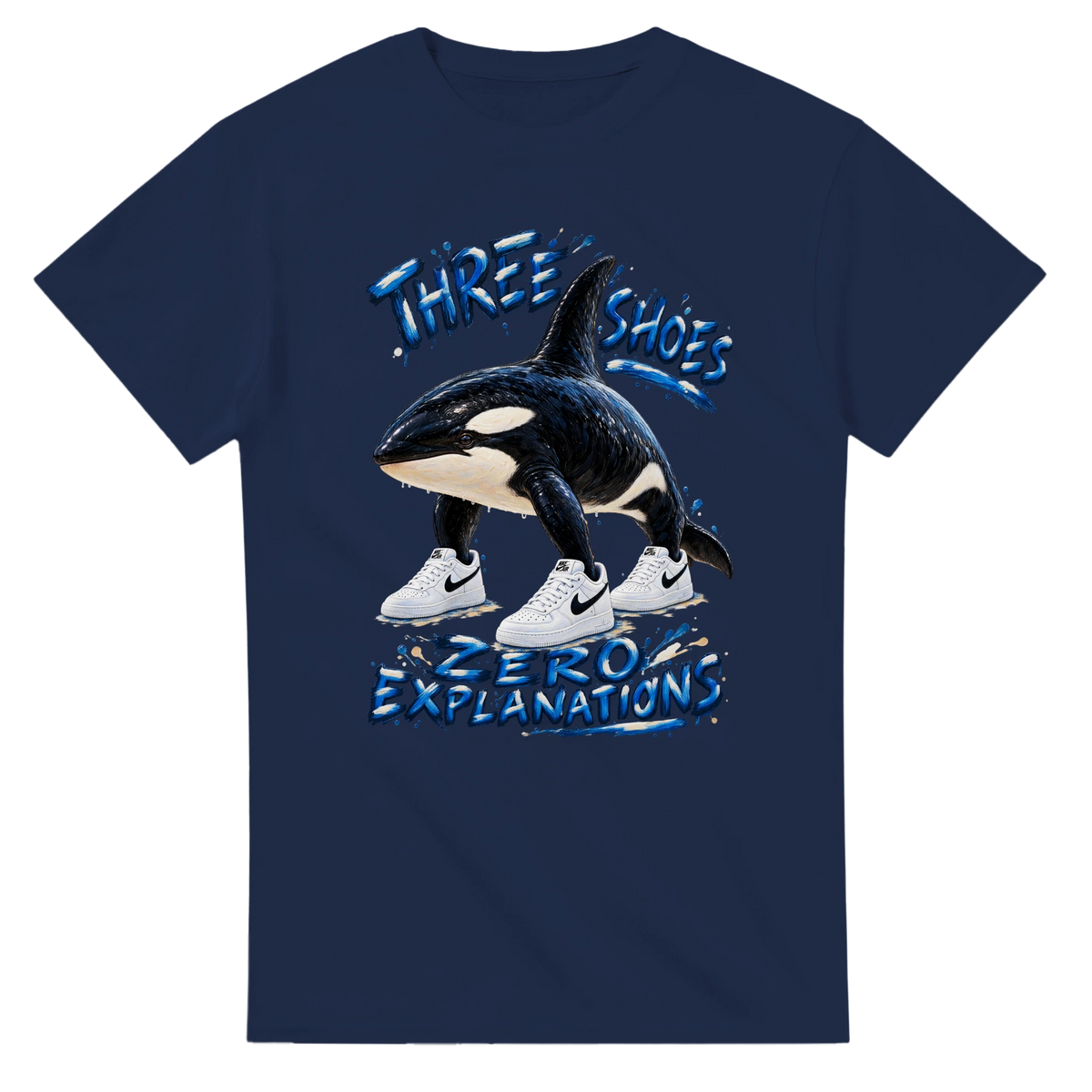 Navy t-shirt printed with Orcalero Orcala and the words Three shoes, zero explanations, front view