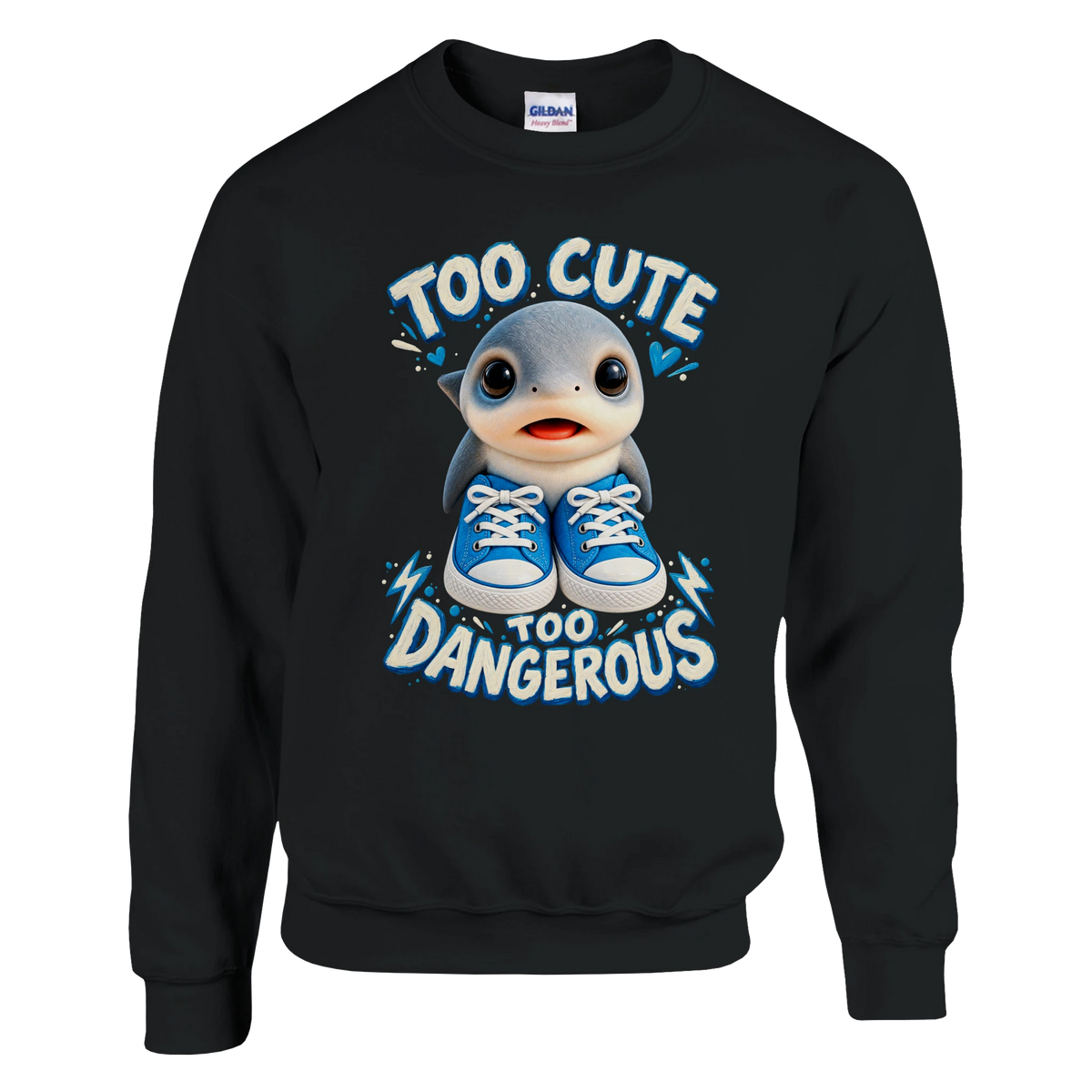 Los Tralaleritos print on a black crewneck sweatshirt, front view