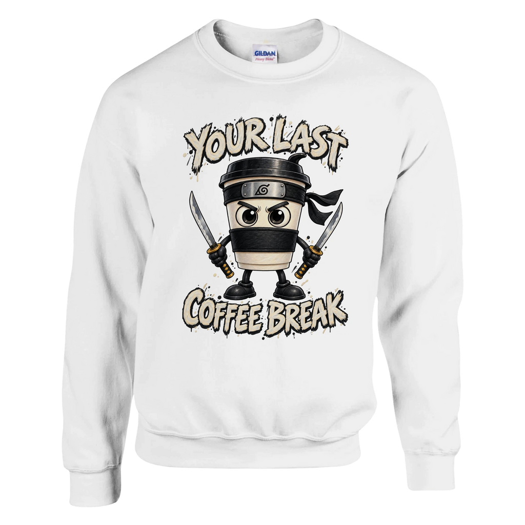 Cappuccino Assassino print on a white crewneck sweatshirt, front view