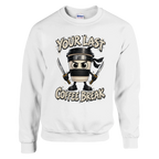 Cappuccino Assassino print on a white crewneck sweatshirt, front view