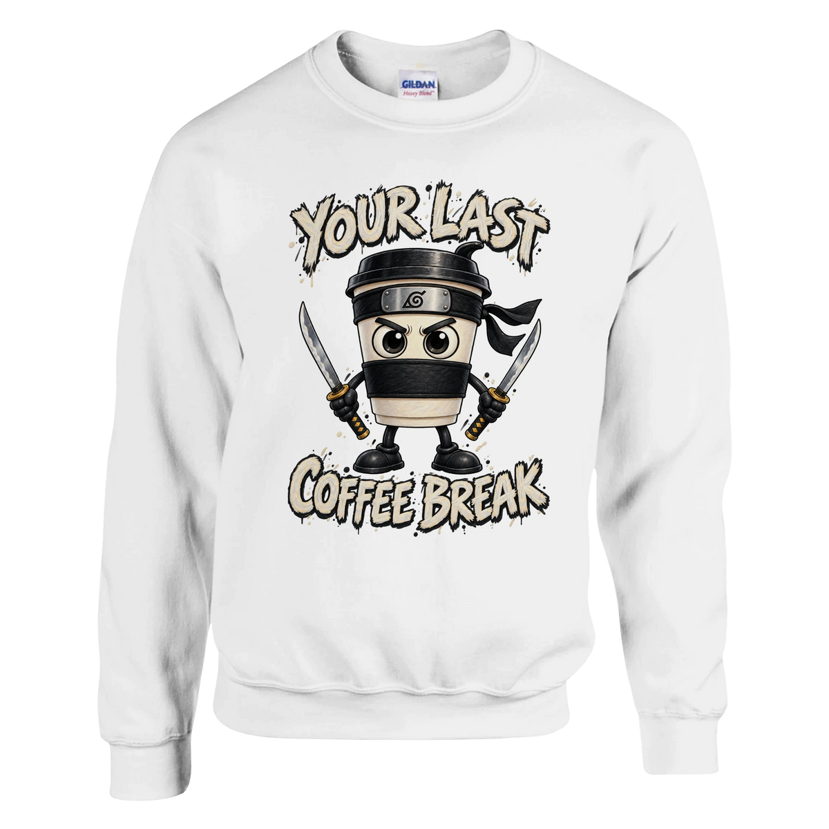 Cappuccino Assassino print on a white crewneck sweatshirt, front view