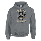 Cappuccino Assassino print on a sport grey pullover hoodie, front view
