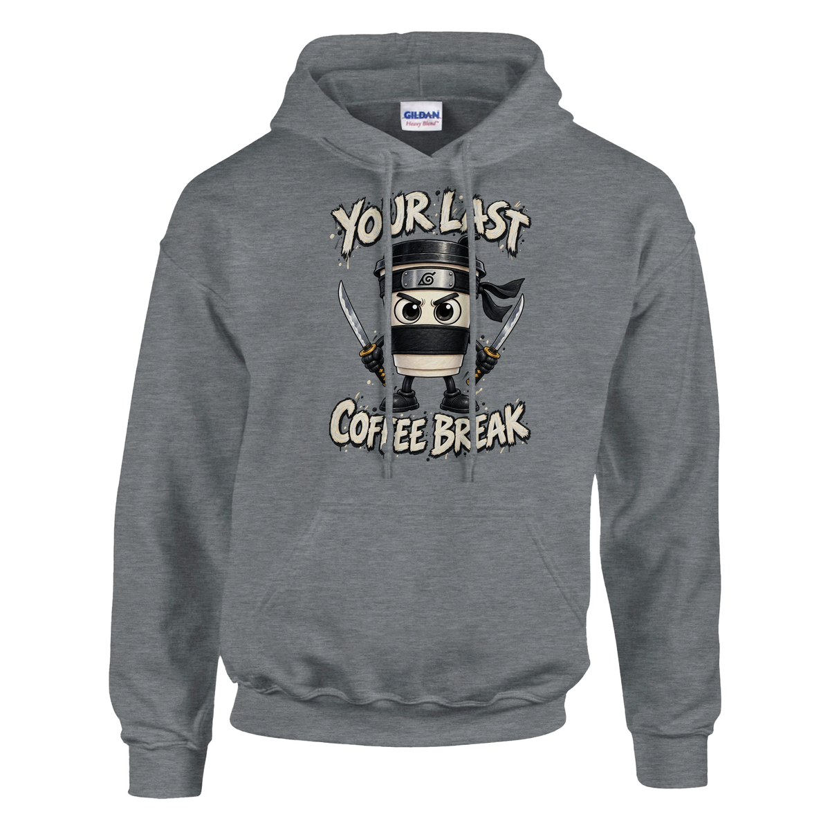 Cappuccino Assassino print on a sport grey pullover hoodie, front view