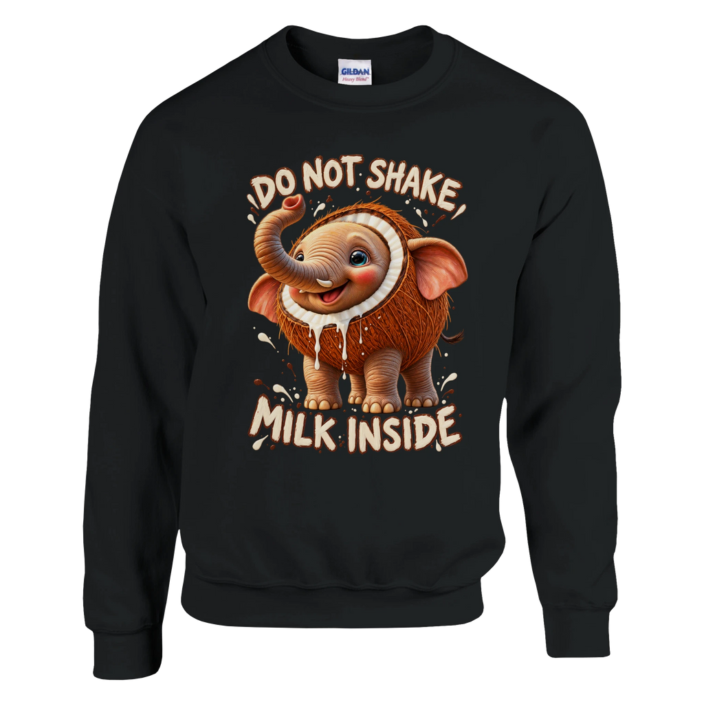 Cocofanto Elefanto print on a black crewneck sweatshirt, front view
