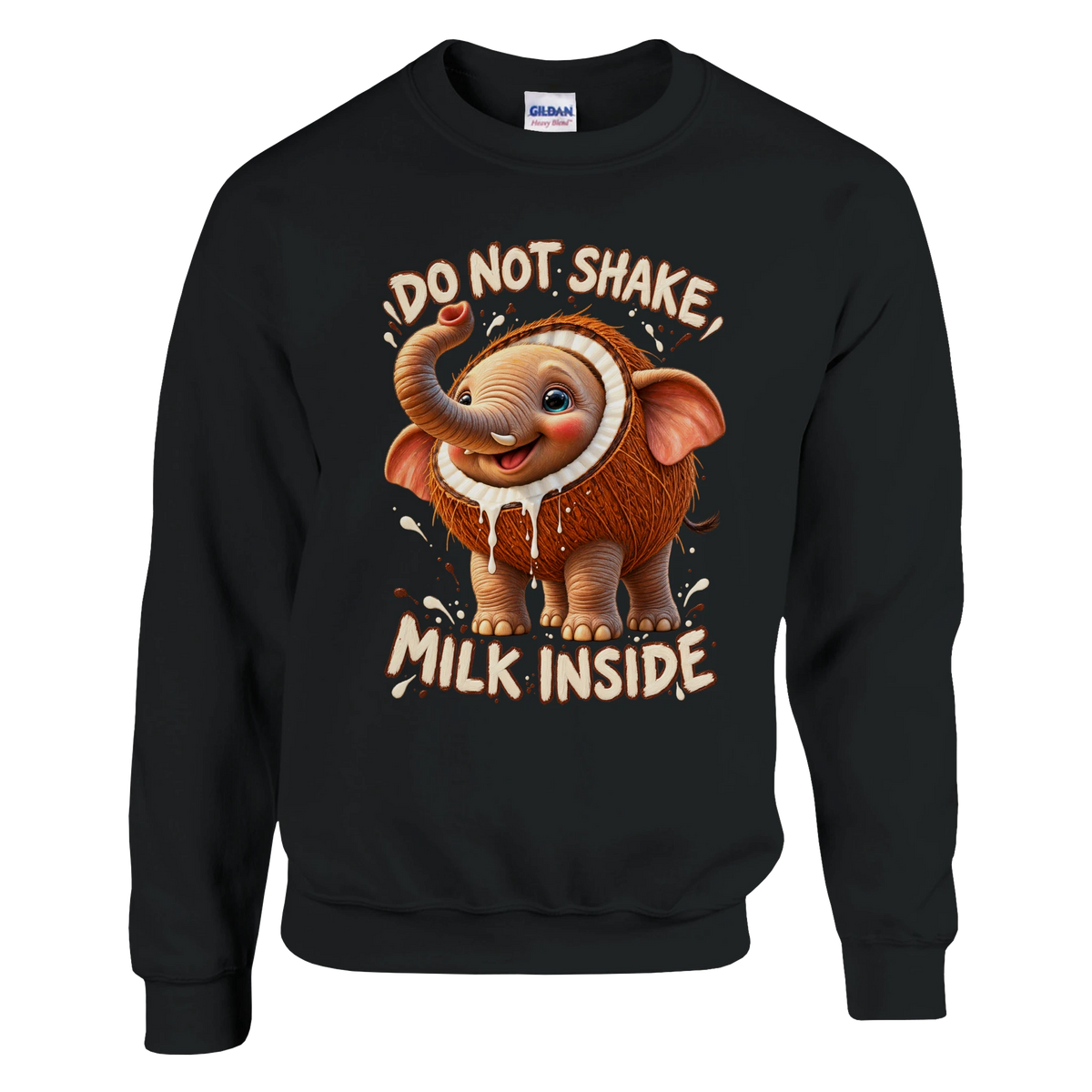 Cocofanto Elefanto print on a black crewneck sweatshirt, front view
