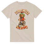 Sand t-shirt printed with Chicleteira Bicicleteira and the words Too sweet to stop, front view