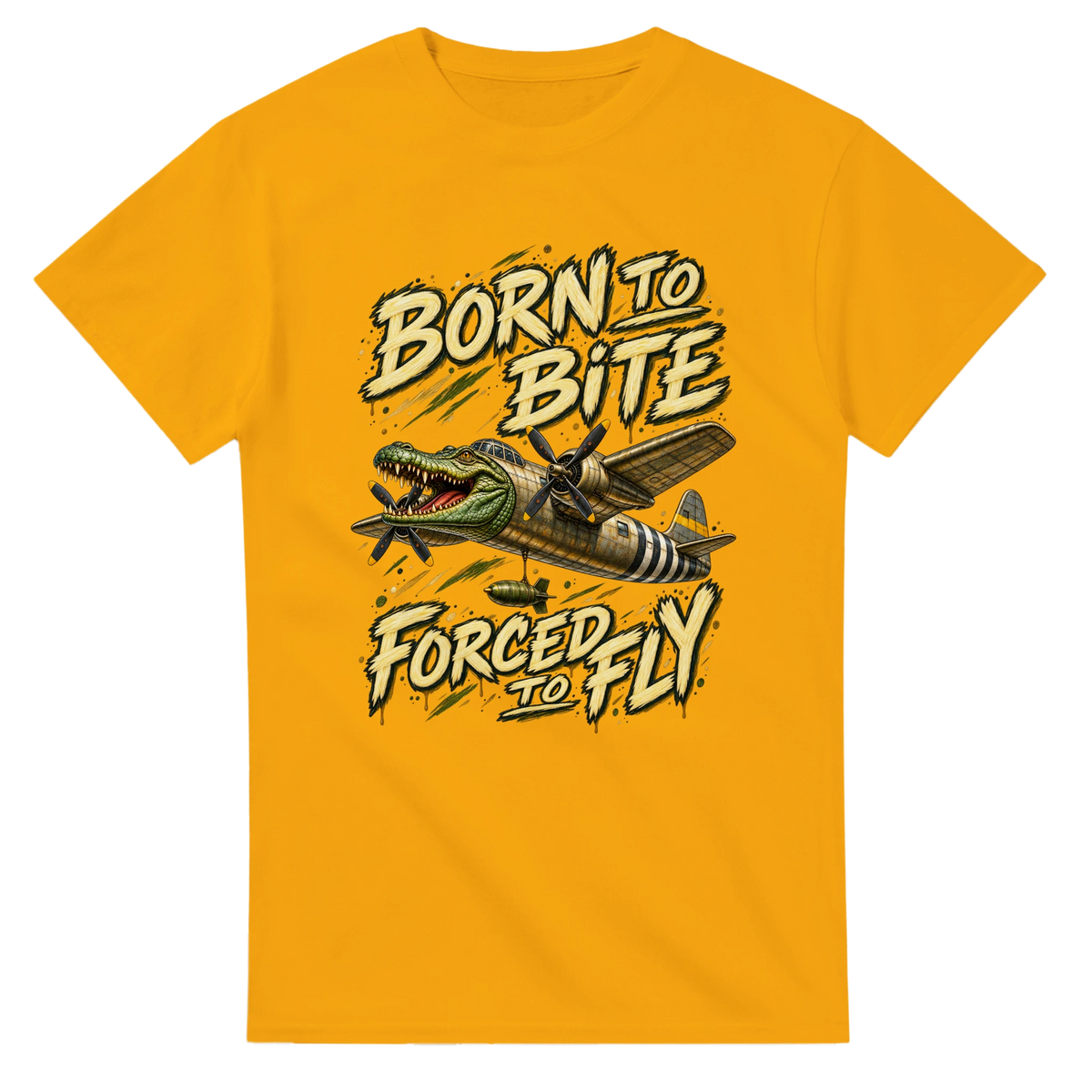 Gold t-shirt printed with Bombardino Crocodilo and the words Born to bite, forced to fly, front view