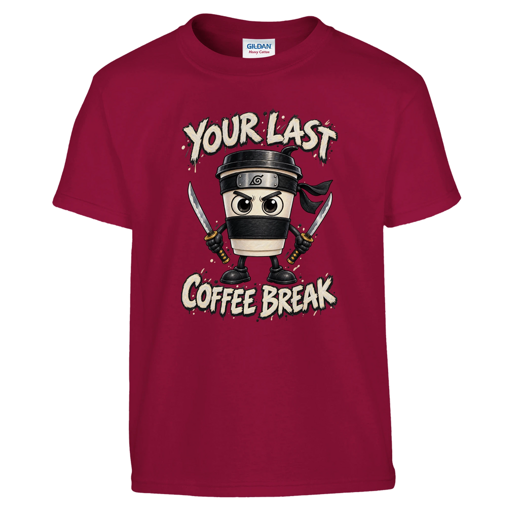 Cappuccino Assassino print on a cardinal red kids t-shirt, front view