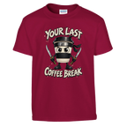 Cappuccino Assassino print on a cardinal red kids t-shirt, front view