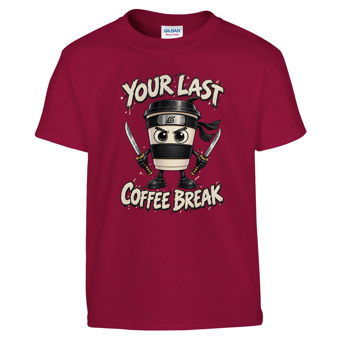 Cappuccino Assassino print on a cardinal red kids t-shirt, front view