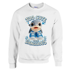 Los Tralaleritos print on a white crewneck sweatshirt, front view