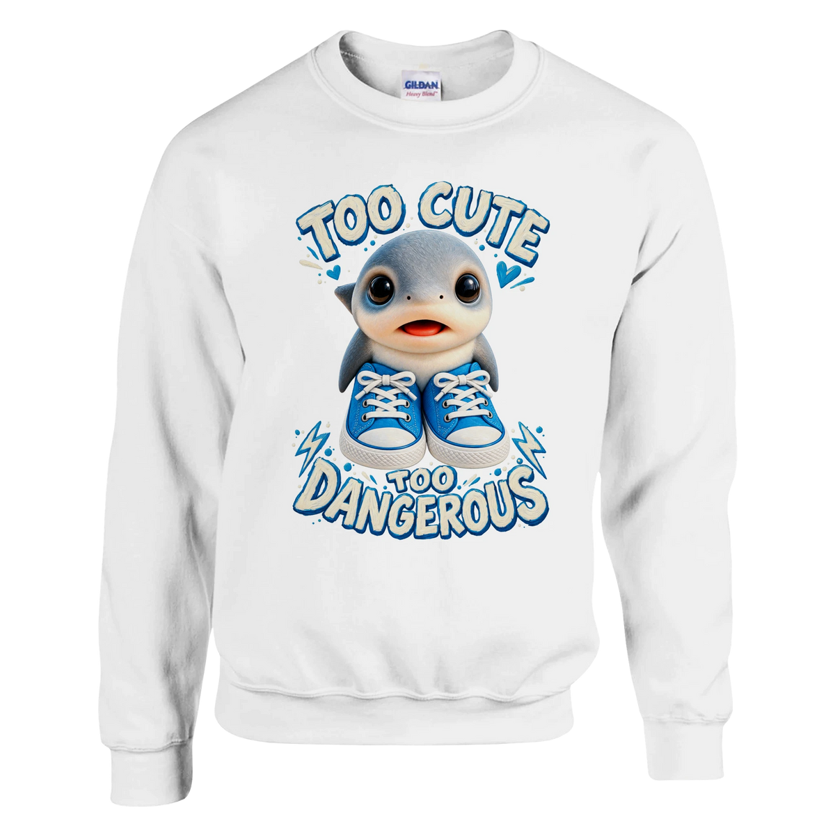 Los Tralaleritos print on a white crewneck sweatshirt, front view