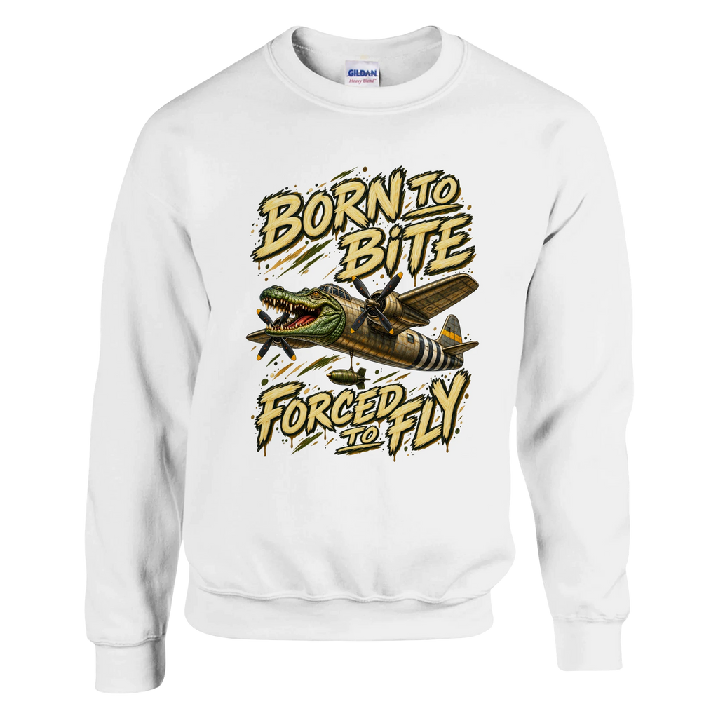 Bombardino Crocodilo print on a white crewneck sweatshirt, front view