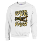 Bombardino Crocodilo print on a white crewneck sweatshirt, front view