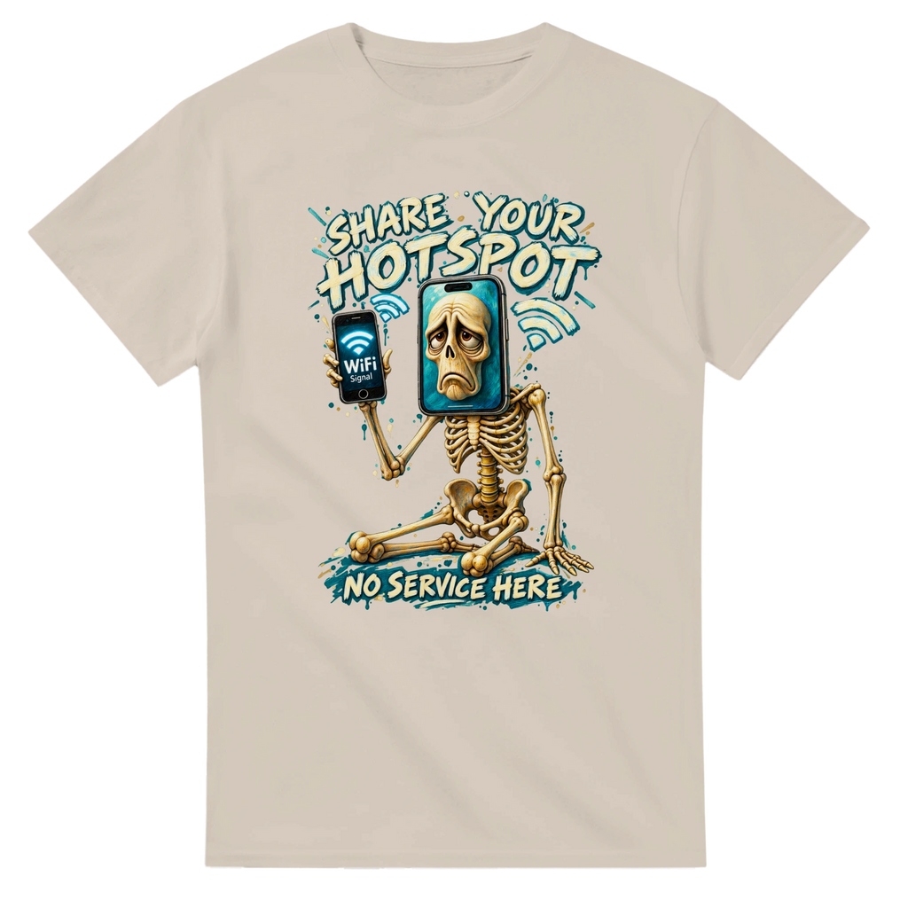 Sand t-shirt printed with Pot Hotspot and the words Share your hotspot, no service here, front view