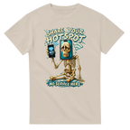 Sand t-shirt printed with Pot Hotspot and the words Share your hotspot, no service here, front view