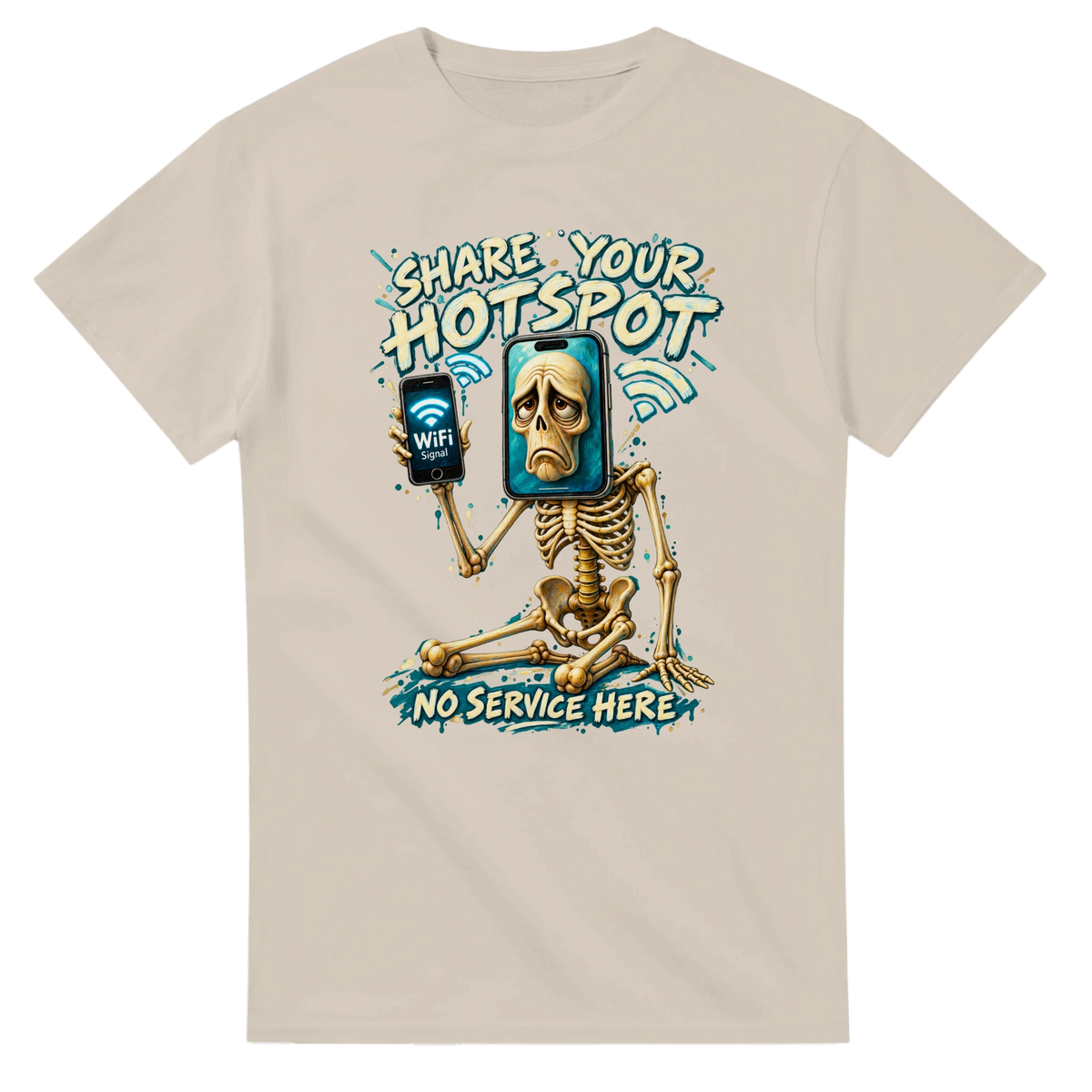 Sand t-shirt printed with Pot Hotspot and the words Share your hotspot, no service here, front view