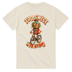 Natural t-shirt printed with Chicleteira Bicicleteira and the words Too sweet to stop, front view