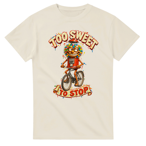 Natural t-shirt printed with Chicleteira Bicicleteira and the words Too sweet to stop, front view