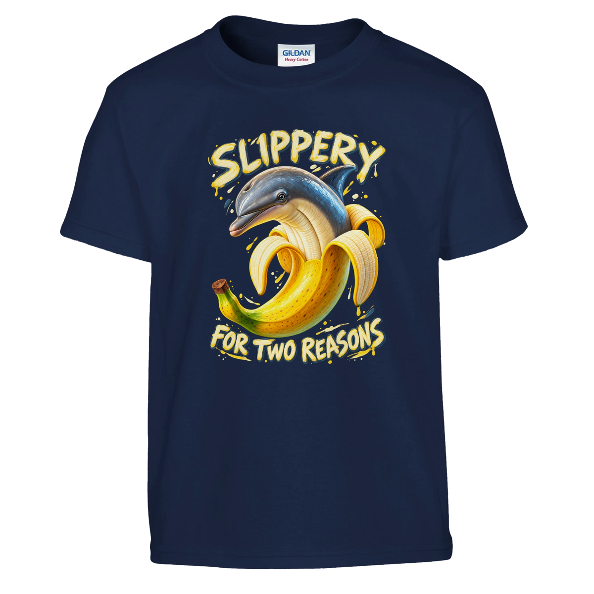 Bananita Dolphinita print on a navy kids t-shirt, front view