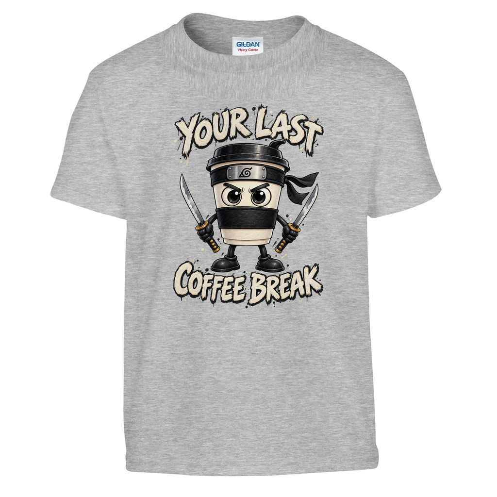 Cappuccino Assassino print on a sport grey kids t-shirt, front view