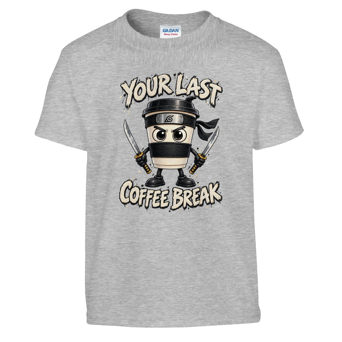 Cappuccino Assassino print on a sport grey kids t-shirt, front view