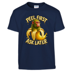 Chimpanzini Bananini print on a navy kids t-shirt, front view