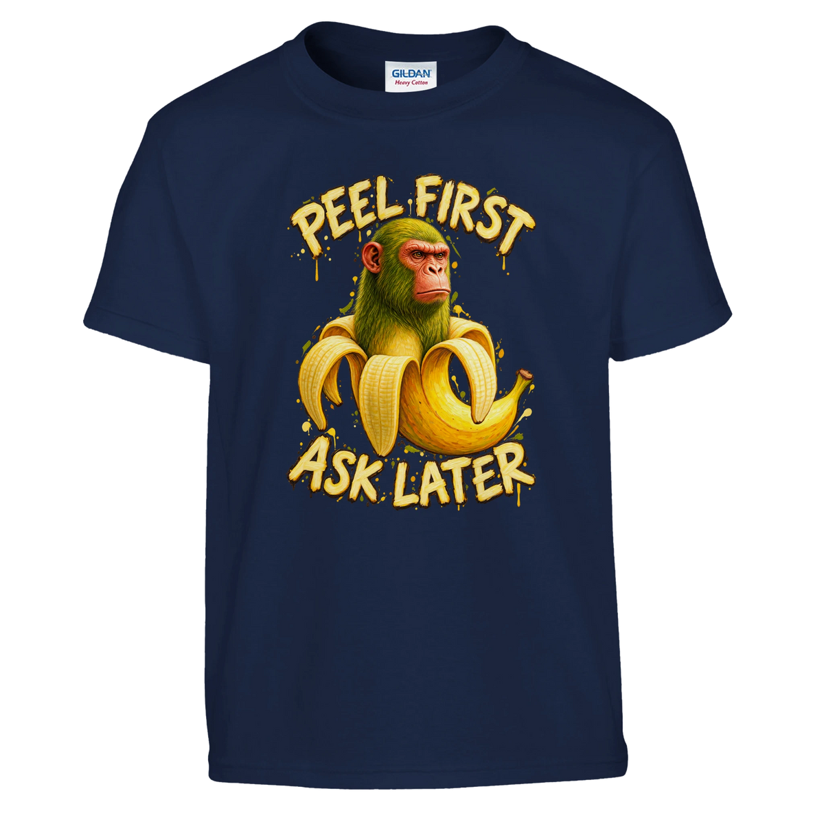 Chimpanzini Bananini print on a navy kids t-shirt, front view