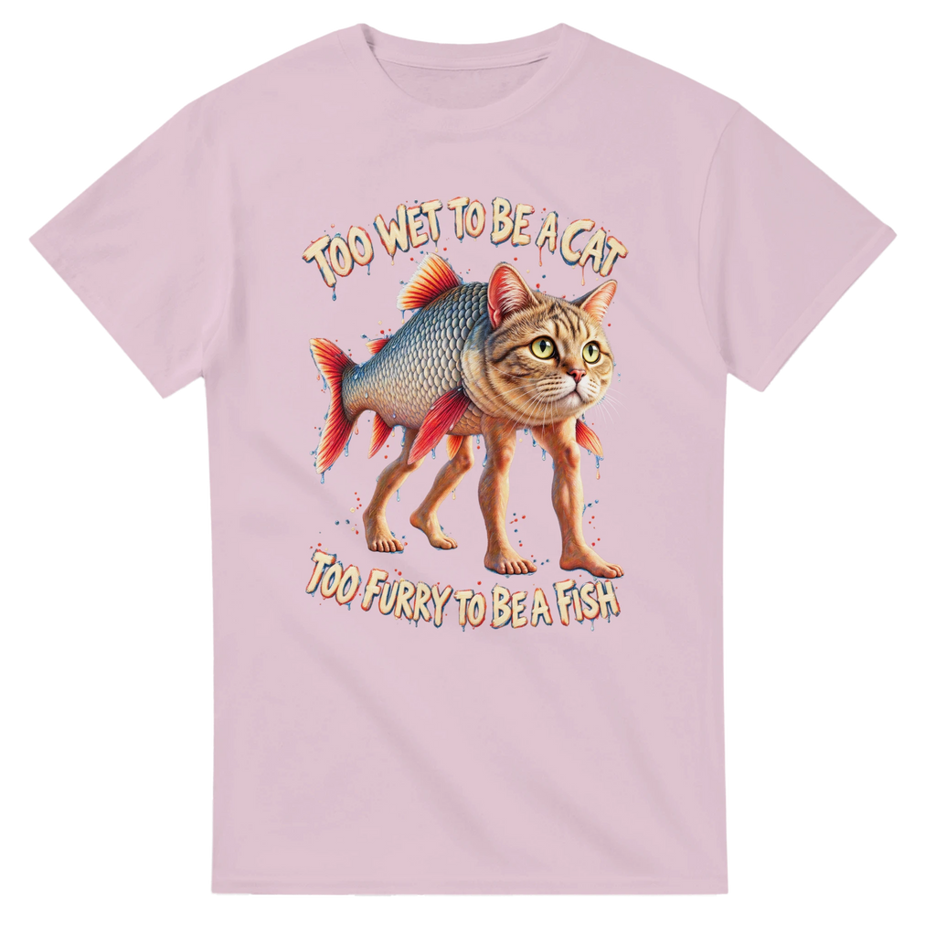 Light Pink t-shirt printed with Trulimero Trulichina and the words Too wet to be a cat, too furry to be a fish, front view
