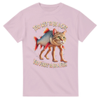 Light Pink t-shirt printed with Trulimero Trulichina and the words Too wet to be a cat, too furry to be a fish, front view