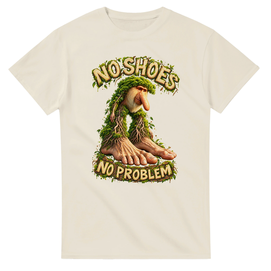 Natural t-shirt printed with Brr Brr Patapim and the words No shoes, no problem, front view