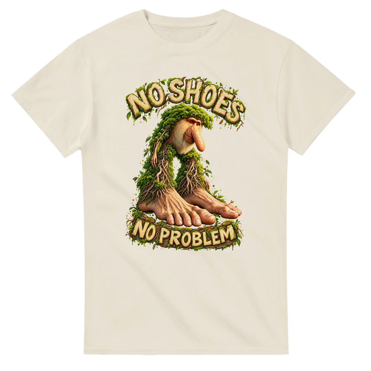Natural t-shirt printed with Brr Brr Patapim and the words No shoes, no problem, front view