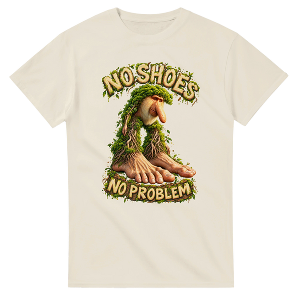 Natural t-shirt printed with Brr Brr Patapim and the words No shoes, no problem, front view
