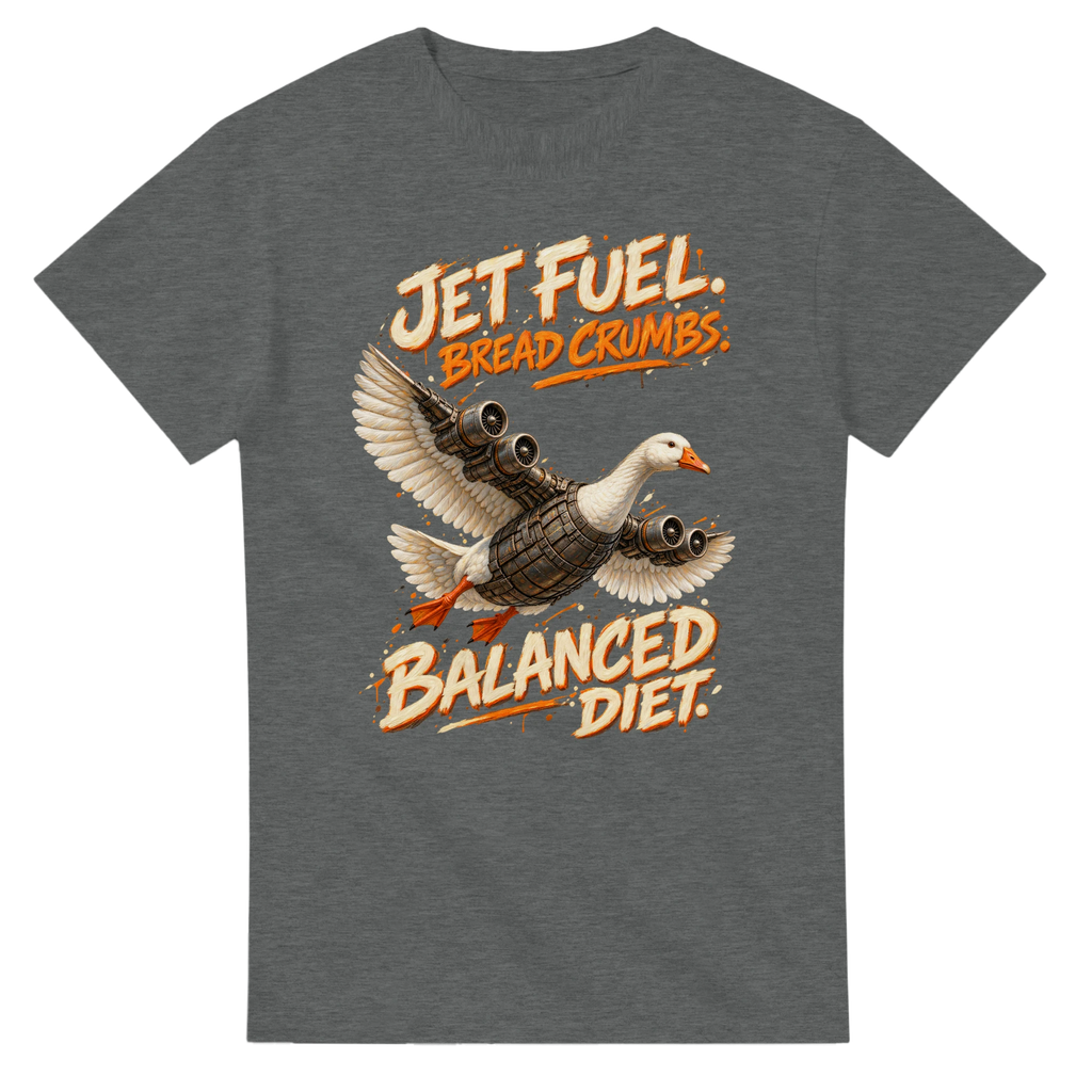 Graphite Heather t-shirt printed with Bombombini Gusini and the words Jet fuel, bread crumbs, balanced diet, front view