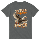 Graphite Heather t-shirt printed with Bombombini Gusini and the words Jet fuel, bread crumbs, balanced diet, front view
