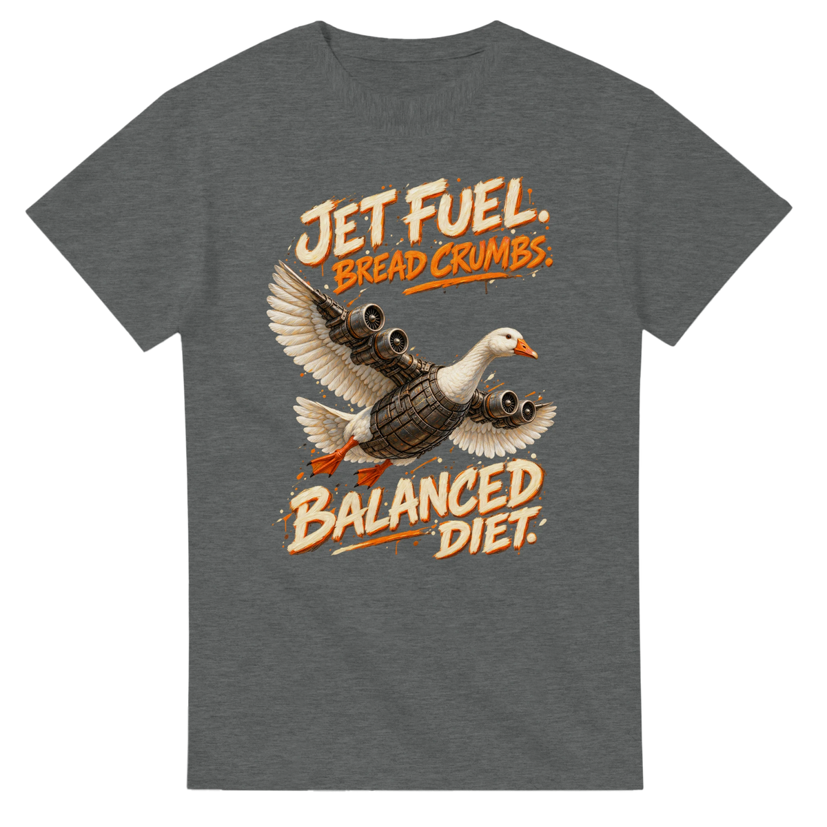 Graphite Heather t-shirt printed with Bombombini Gusini and the words Jet fuel, bread crumbs, balanced diet, front view