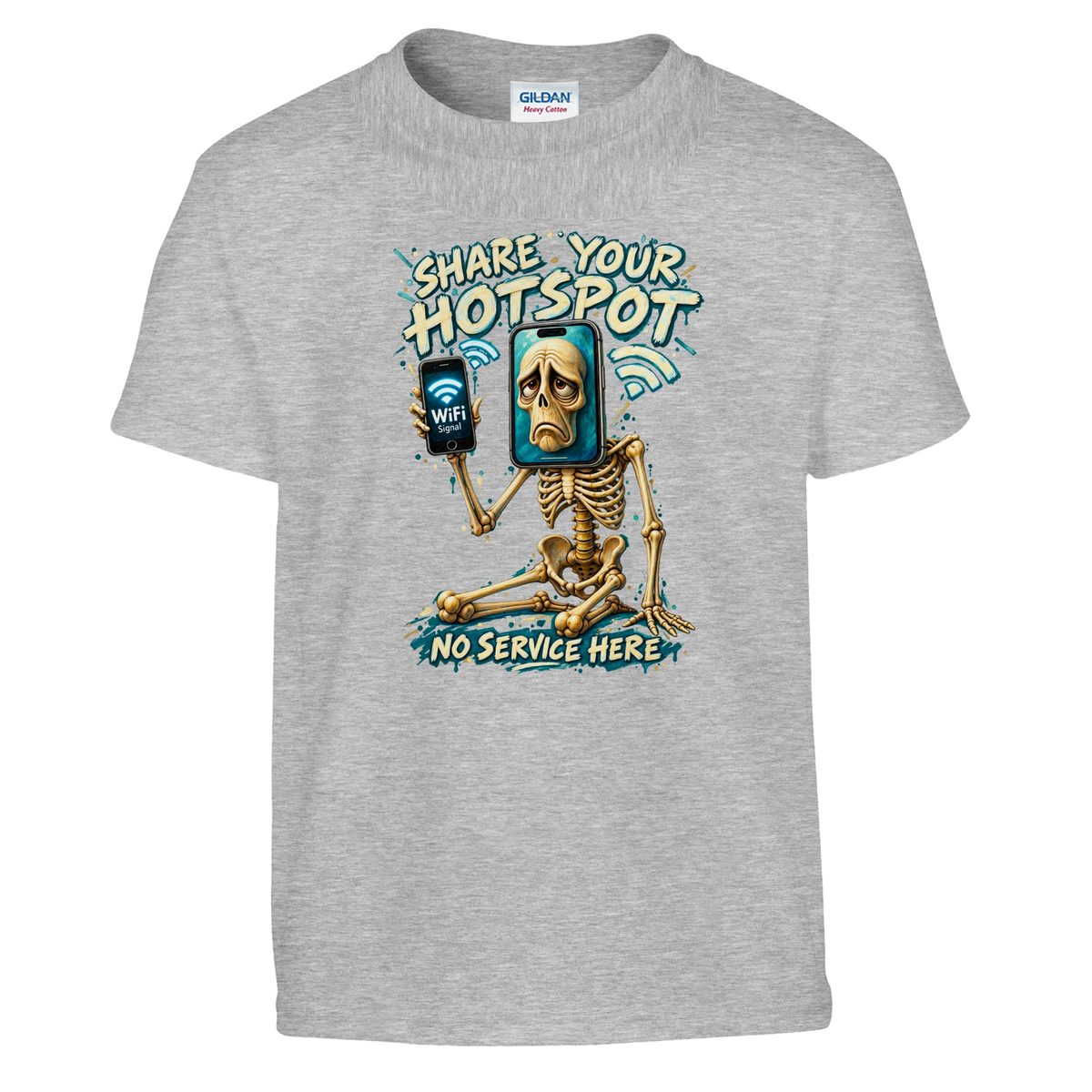 Pot Hotspot print on a sport grey kids t-shirt, front view