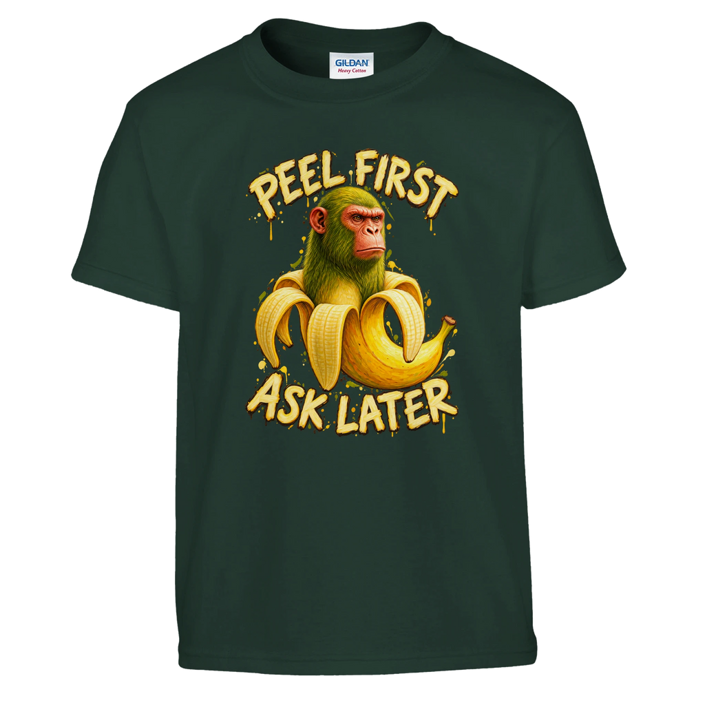 Chimpanzini Bananini print on a forest green kids t-shirt, front view