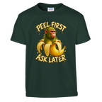 Chimpanzini Bananini print on a forest green kids t-shirt, front view