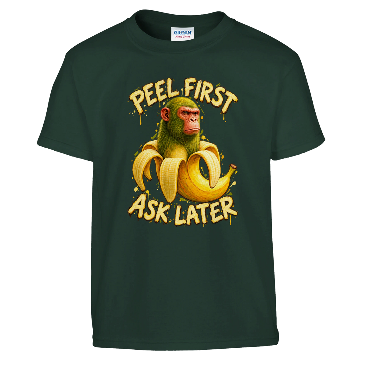Chimpanzini Bananini print on a forest green kids t-shirt, front view