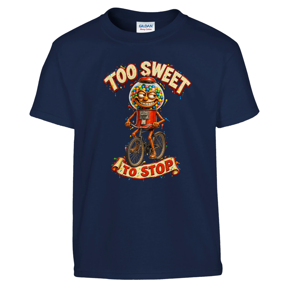 Chicleteira Bicicleteira print on a navy kids t-shirt, front view